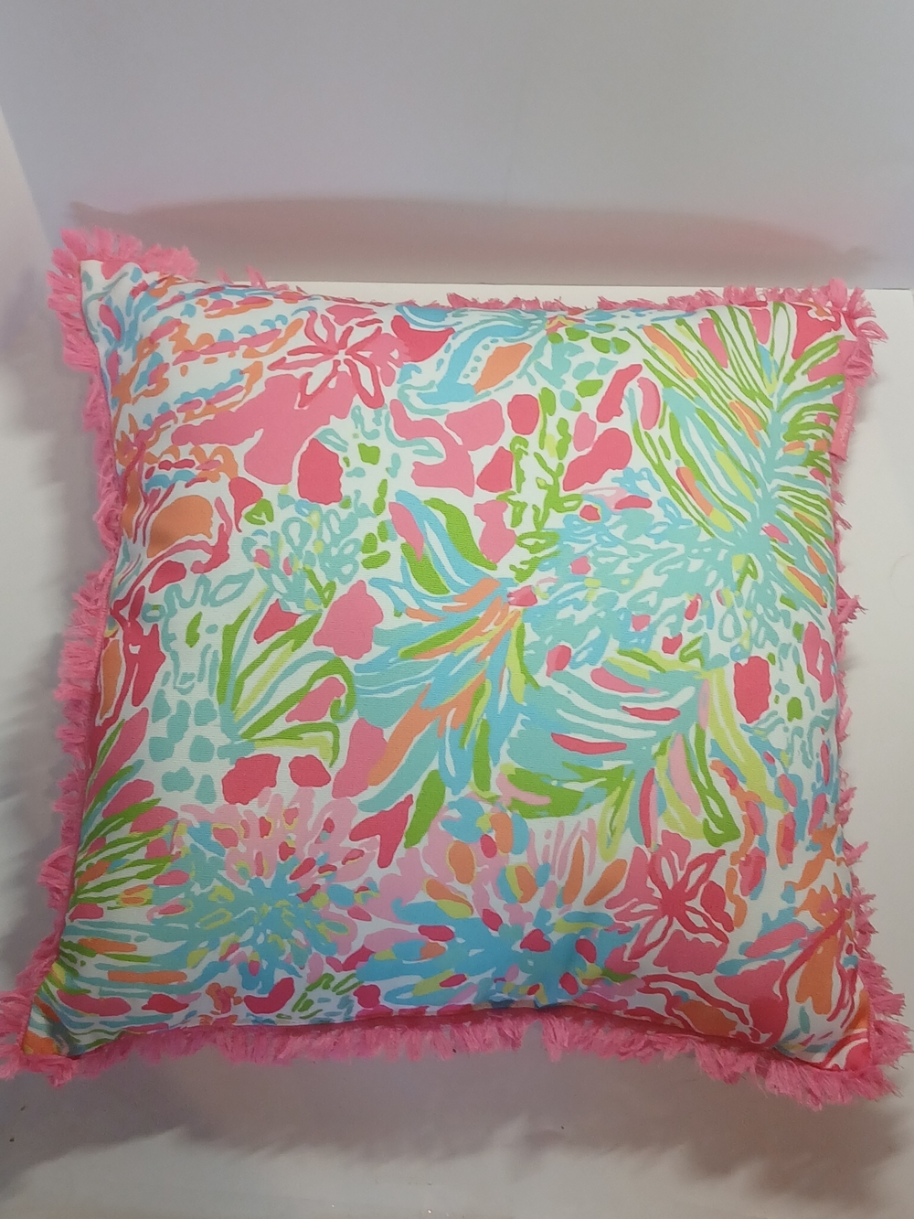 Lilly Pulitzer Coral Pink Tropical Print Fringe Pillow